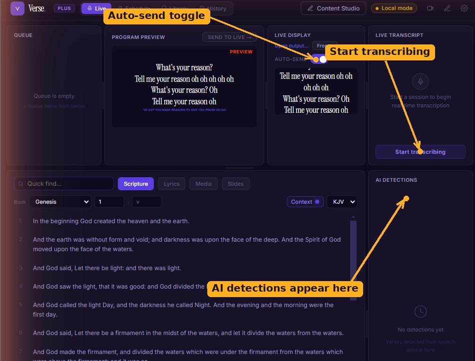 The Live Session, with the transcript's Start transcribing control, the Auto-send toggle, and the AI detections panel labelled