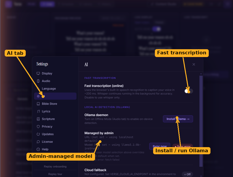 The Settings → AI tab, with the fast-transcription toggle, the Ollama install/daemon control, and the admin-managed model fields labelled
