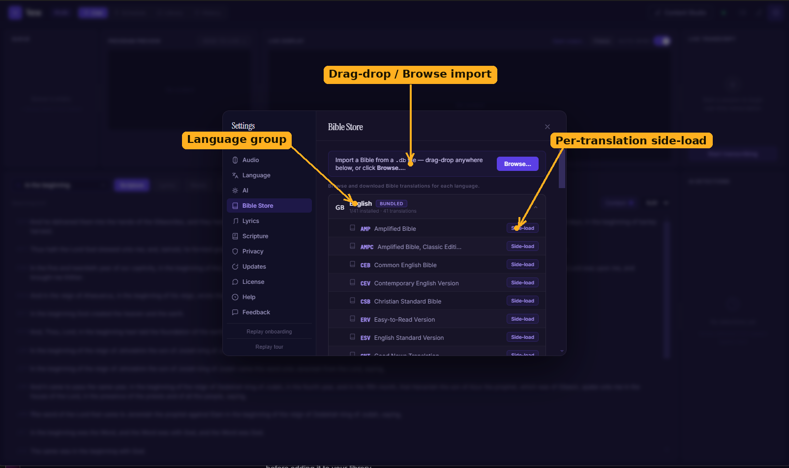 The Bible Store in Settings, with the language group, per-translation side-load buttons, and the drag-drop import zone labelled