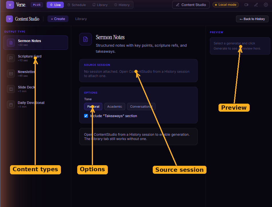 The Content Studio Create tab, with the content types, source session, options, and preview labelled