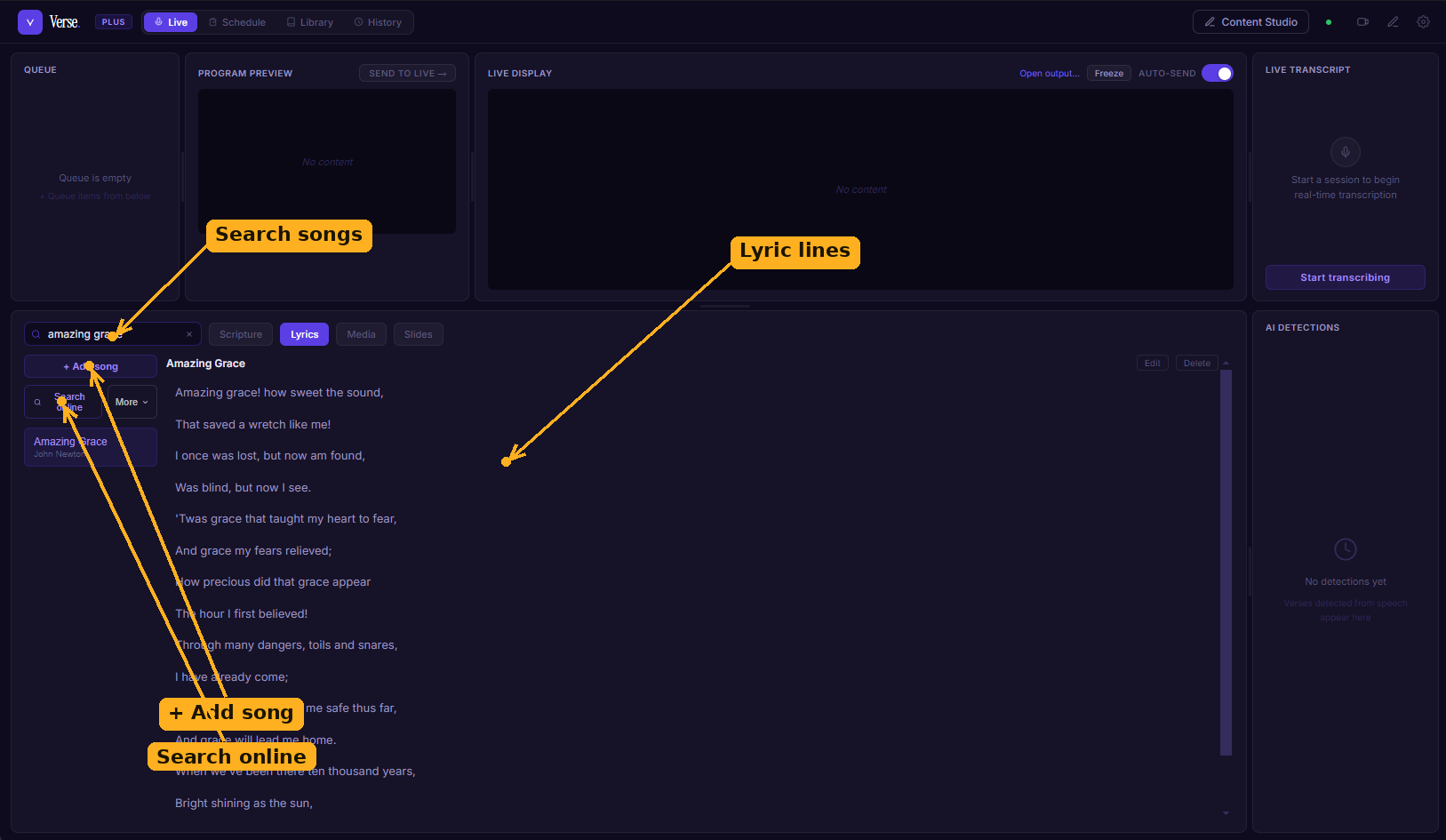 The Lyrics tab, with the song search, + Add song, Search online, and lyric lines labelled