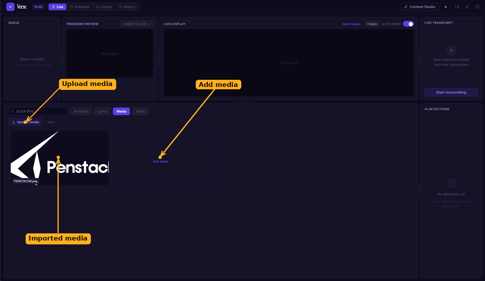 The Media tab, with Upload media, an imported item, and the Add media tile labelled