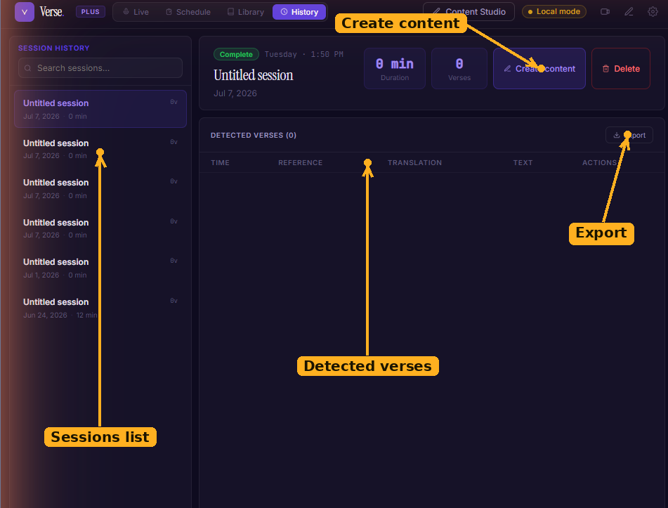 The History screen, with the sessions list, session detail, detected-verses table, and Create content / Export actions labelled