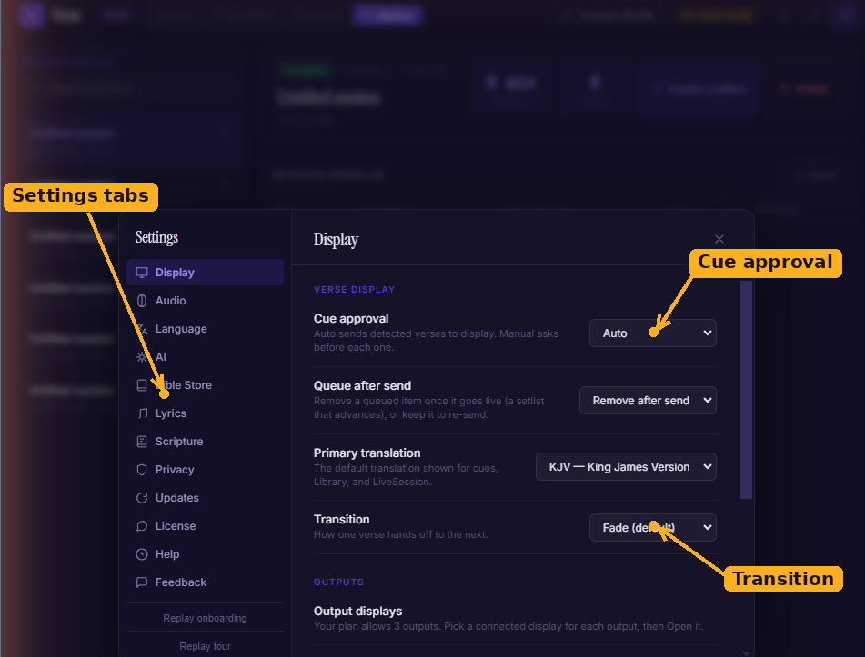 The Settings modal open on the Display tab, with the tab list and the Display controls labelled