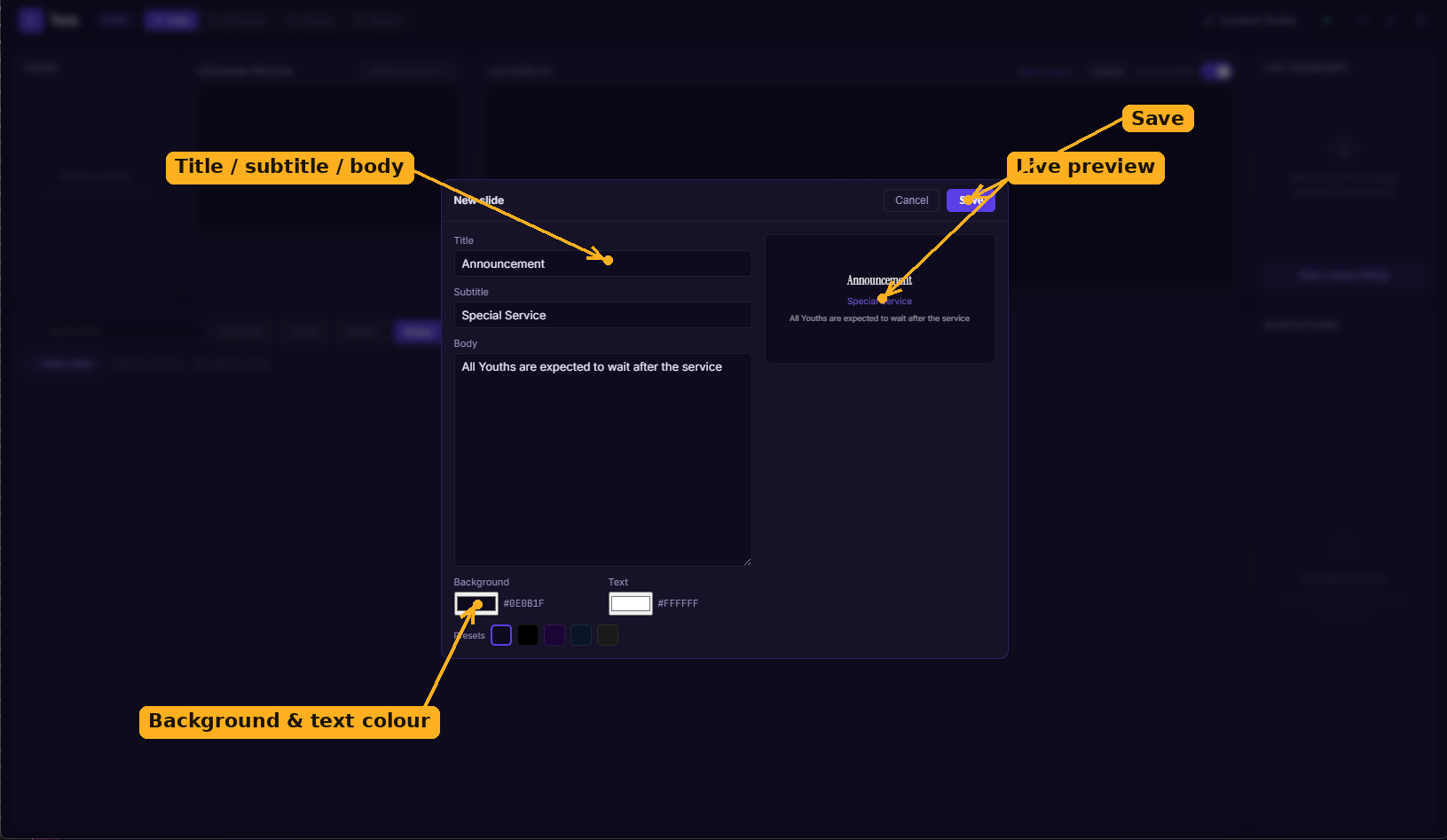 The new-slide editor, with the title/subtitle/body fields, background and text colour pickers, the live preview, and Save labelled